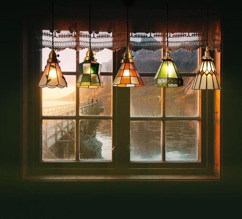 Stained glass pendant light side angle view