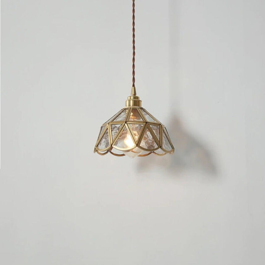 Brass pendant light flower shape side angle view