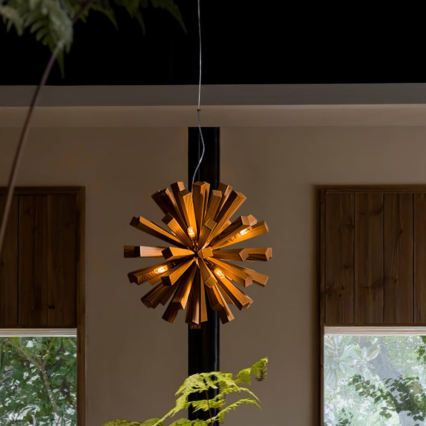 The fitting lit in a window corner above a bench and a low table