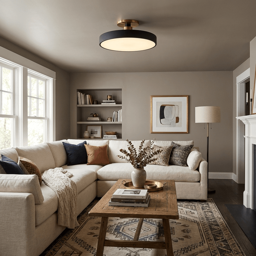 Black drum ceiling light in a living room with a sectional sofa and shelving
