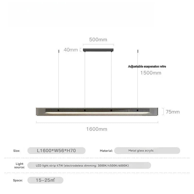 The 160 cm black version drawn with its length and suspension marked