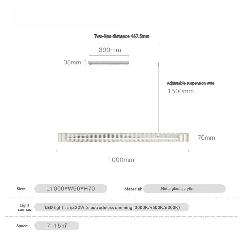 The 100 cm silver version drawn with its length and suspension marked