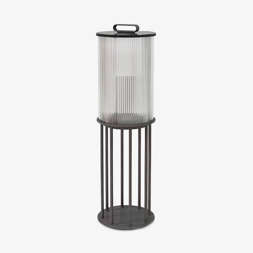 Fluted glass lantern with black bands and a tall four leg floor stand