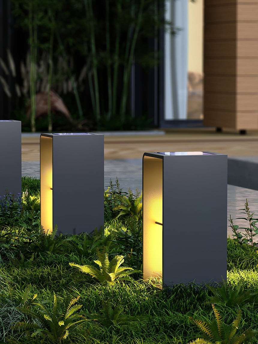 Two lit among low planting beside a paved walk at nightfall