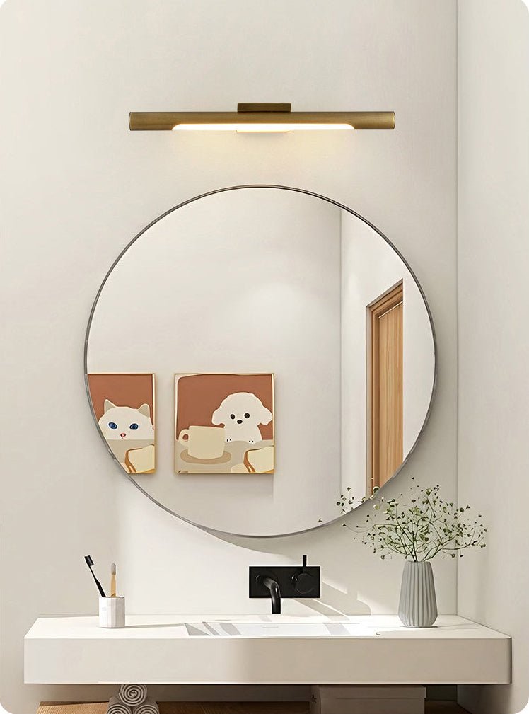 Brass tube above a round mirror over a basin with a plant beside it