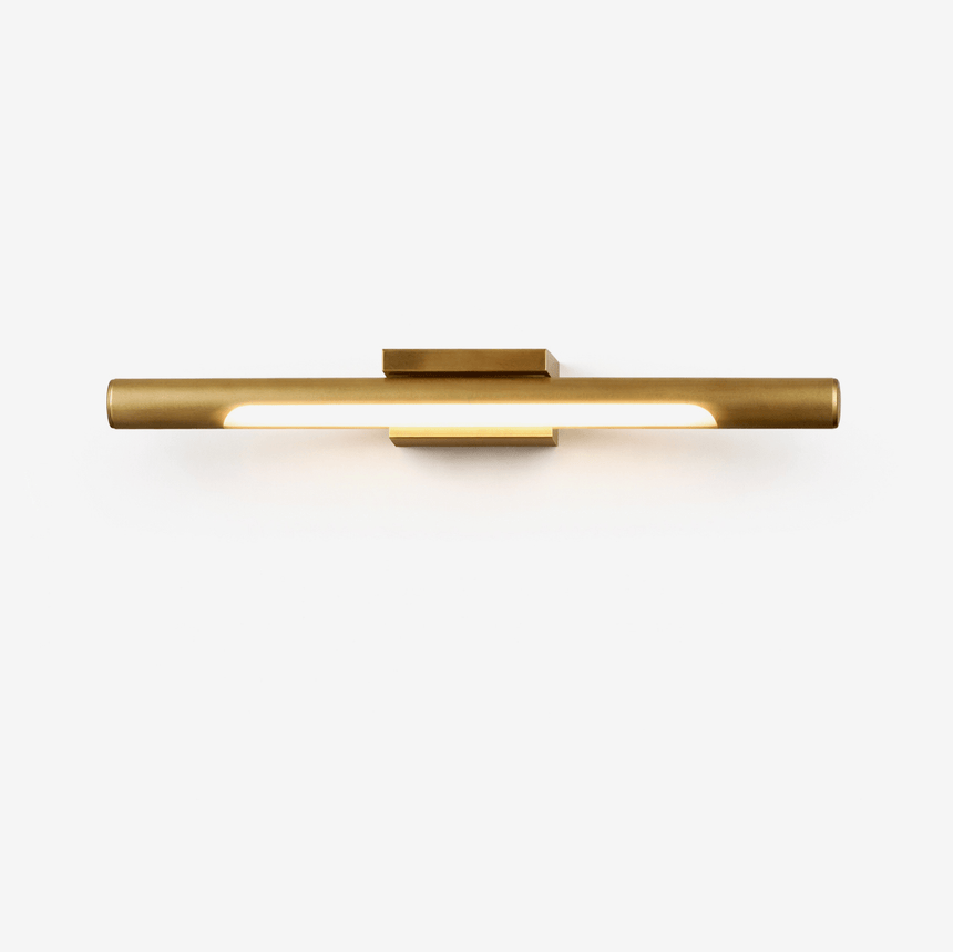 Slim brass tube lit along its length, held on a small central canopy