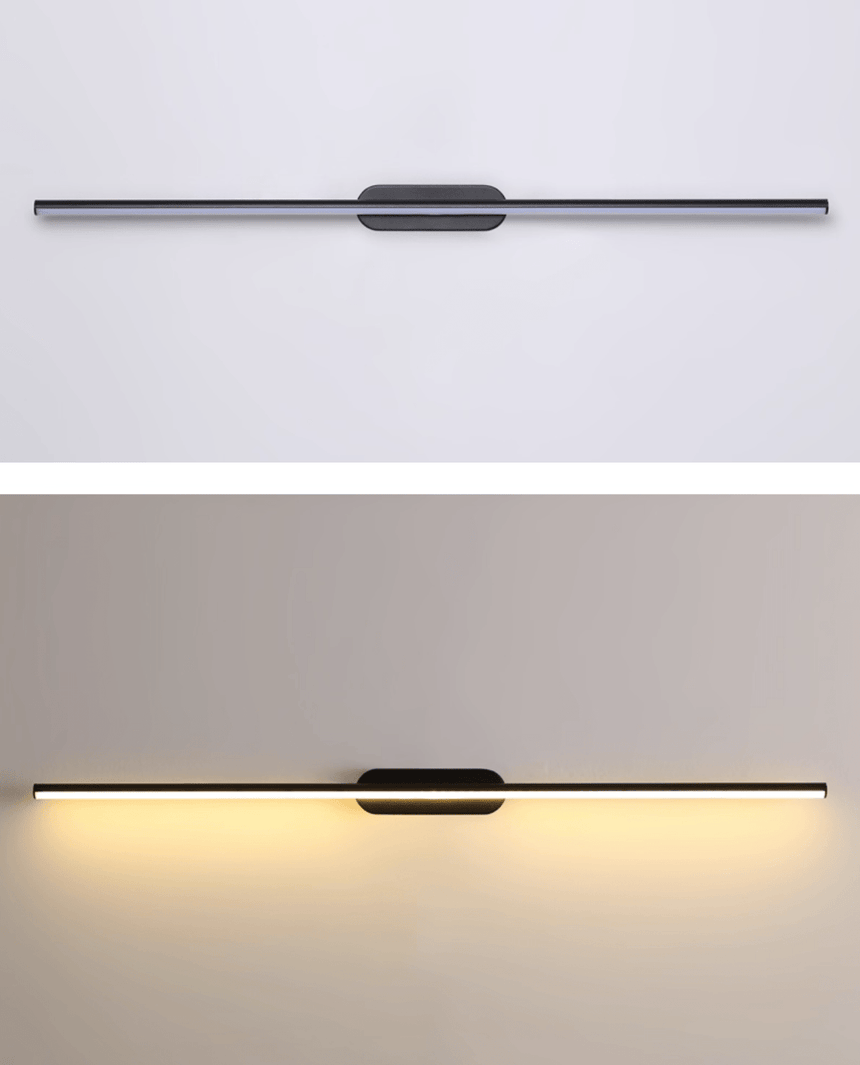 The rod shown unlit above and lit below, a thin line washing the wall