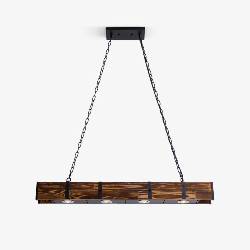 A dark wood beam banded in black metal, hung level on two black chains