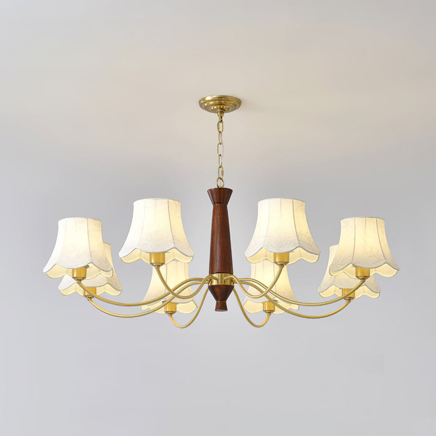 The fitting lit and seen angled, fabric bells glowing along the ring