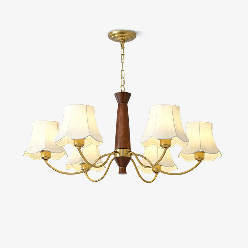 Linen chandelier with white fabric bells on a turned walnut column