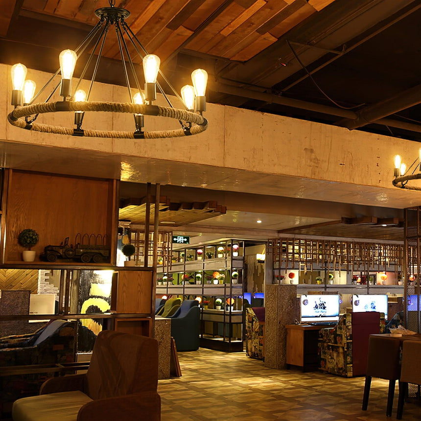 The ring lit above a counter in a room with a timber plank ceiling