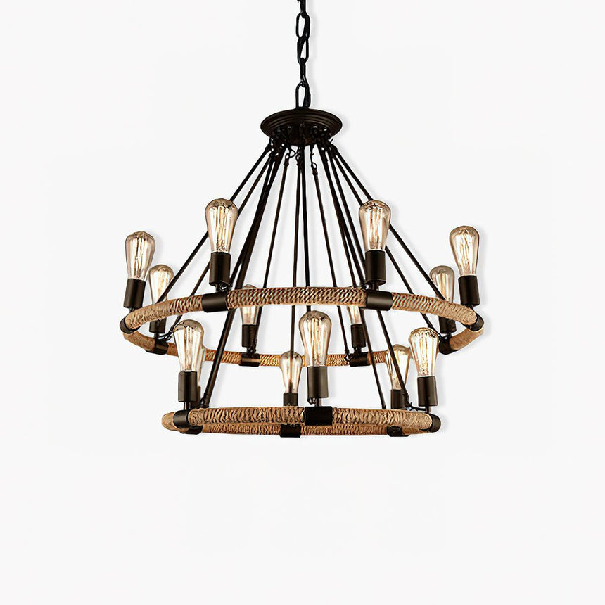 Loft chandelier with two rope bound rings and fourteen filament lamps