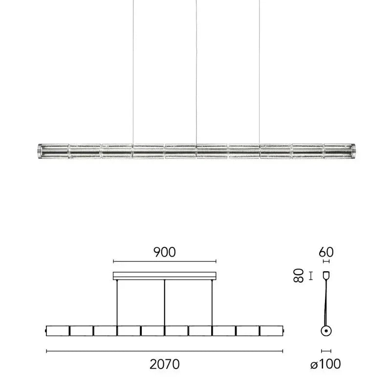 The 207 cm version drawn with its length and suspension points marked