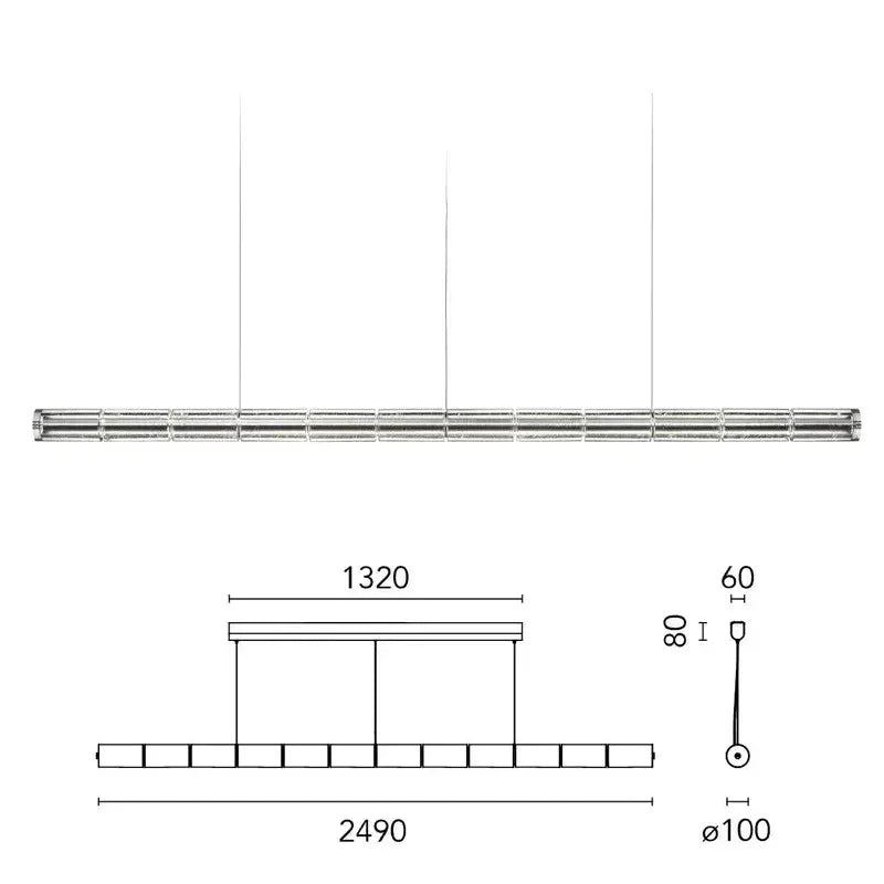 The 249 cm version drawn with its length and suspension points marked