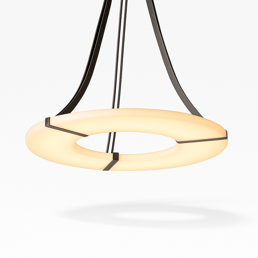 A flat alabaster ring lit, held by three black straps from a short stem