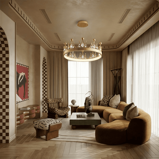 The lit ring in a living room with sofas, stools and a herringbone wood floor