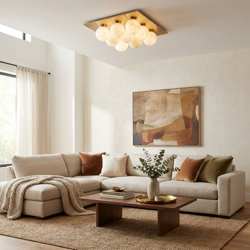 Nine ball alabaster ceiling light lit above a low sofa and a wood coffee table