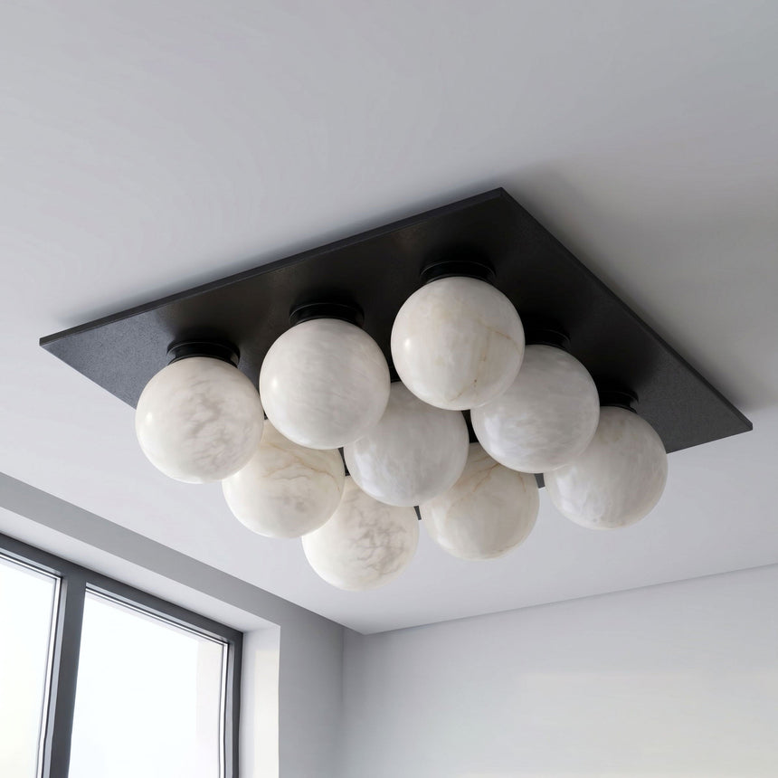 Matte black version of the nine ball alabaster ceiling light seen from below