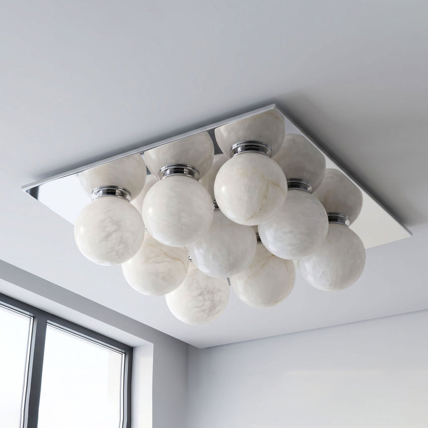 Brushed nickel version of the nine ball alabaster ceiling light seen from below