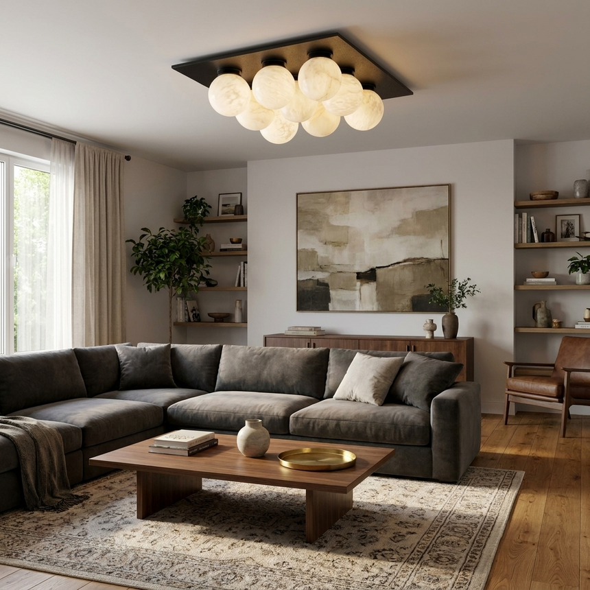 Nine ball alabaster ceiling light in a living room with a corner sofa and shelving