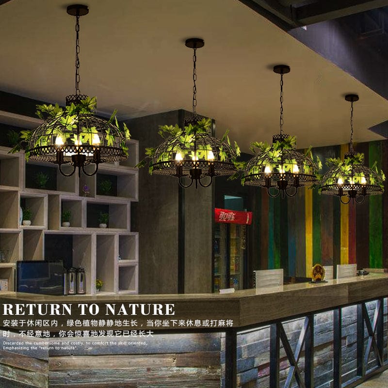 Iron Cage Chandelier with Artificial Foliage Accent
