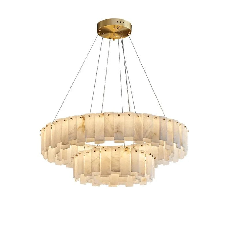 Two tier marble chandelier lit on its suspension wires