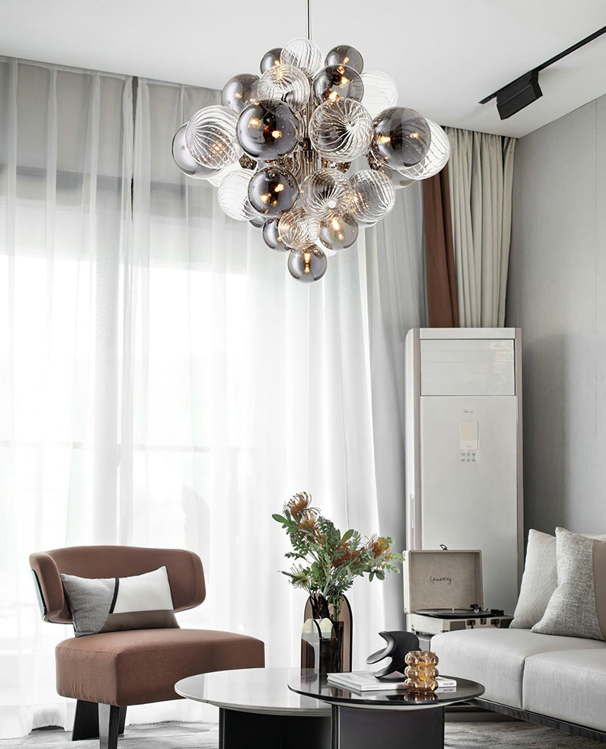 Sleek metal frame chandelier close view