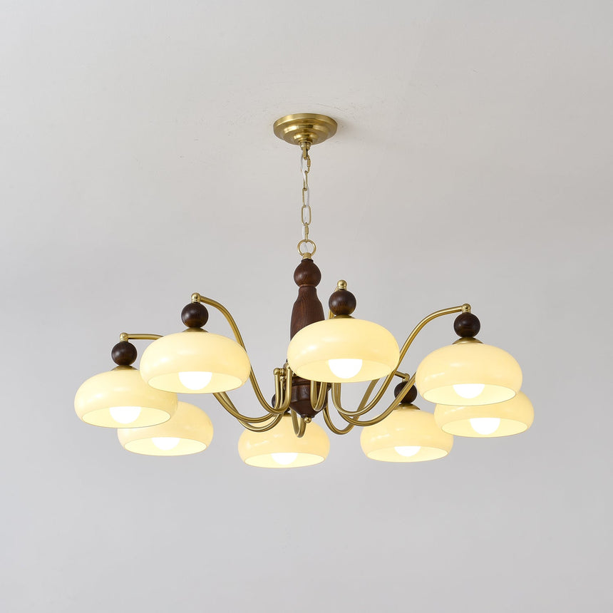 The chandelier seen from below in a room, arms radiating outward