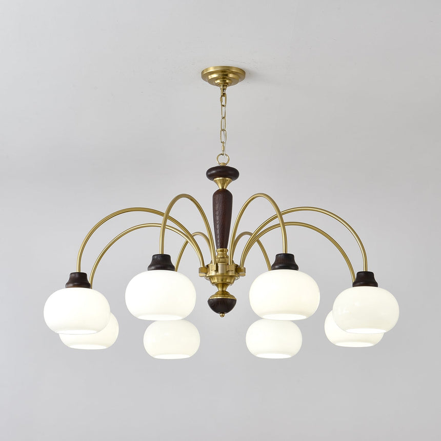 The fitting seen from below in a room, globes ringed around the column