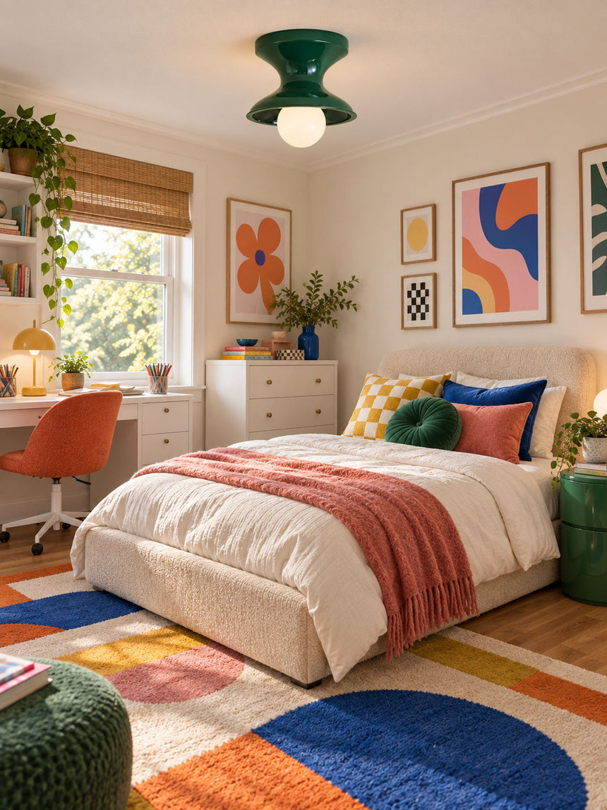 Green spool ceiling light in a colorful child bedroom with a gallery wall