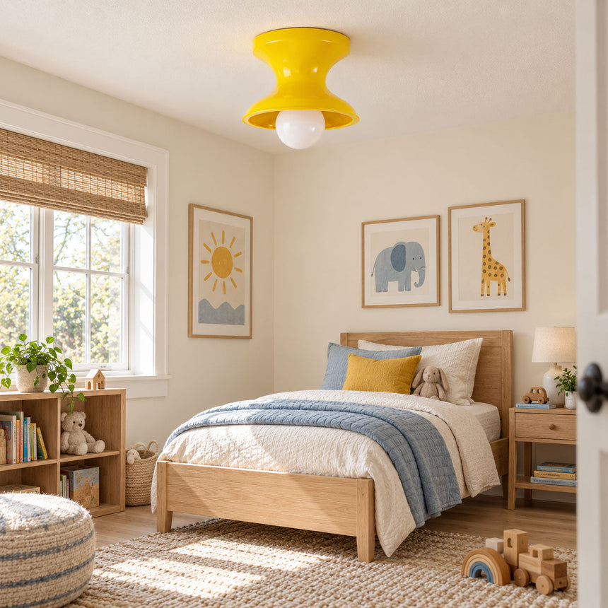 Yellow spool ceiling light in a child bedroom with a striped bed cover