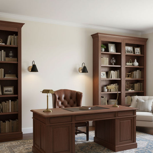 Sconces lit in a study beside a bookcase, a leather chair and a desk