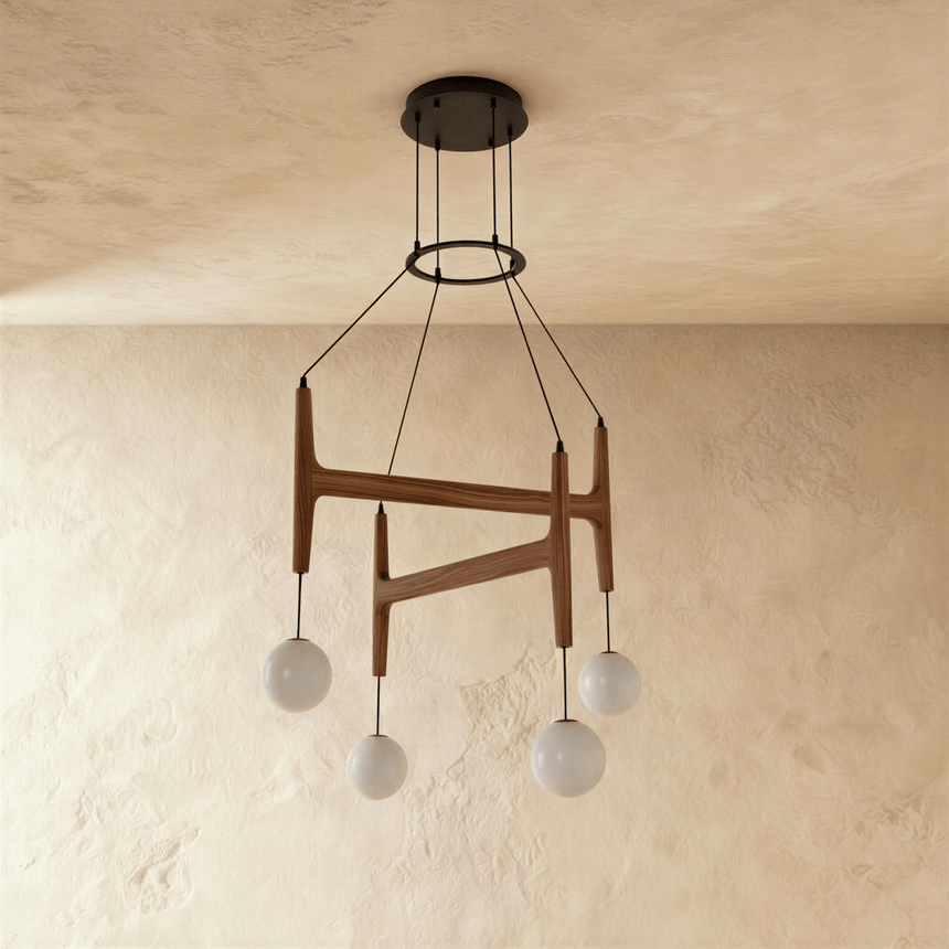 The walnut frame switched off, showing the glass globes as pale solid shapes