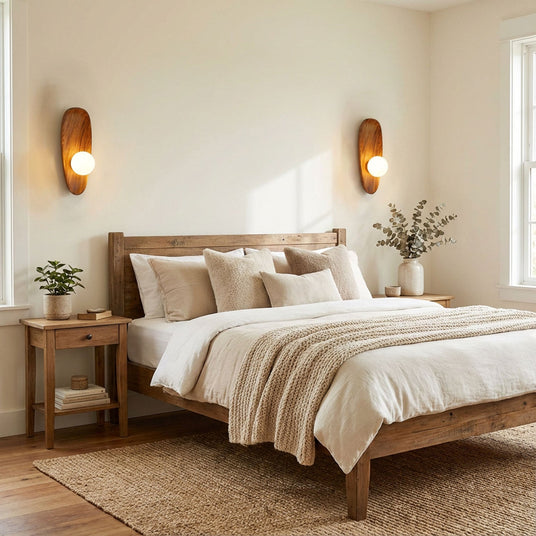 Sconce lit above a wood bed with linen bedding, a plant on the nightstand