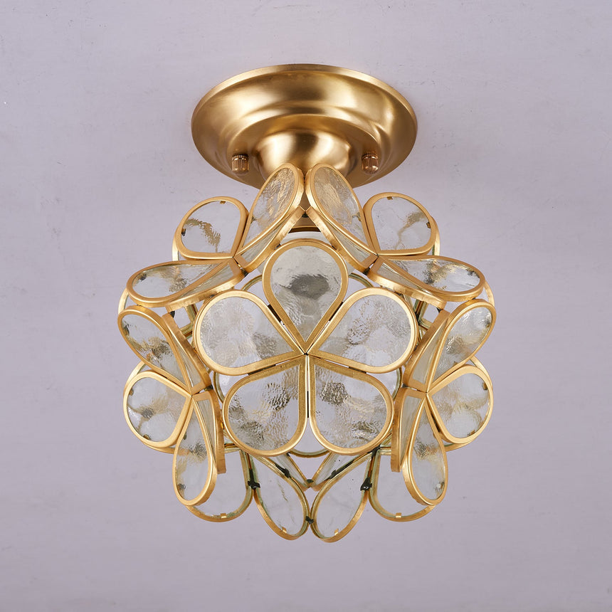 Clear glass petal ceiling light seen from below showing the wire frame