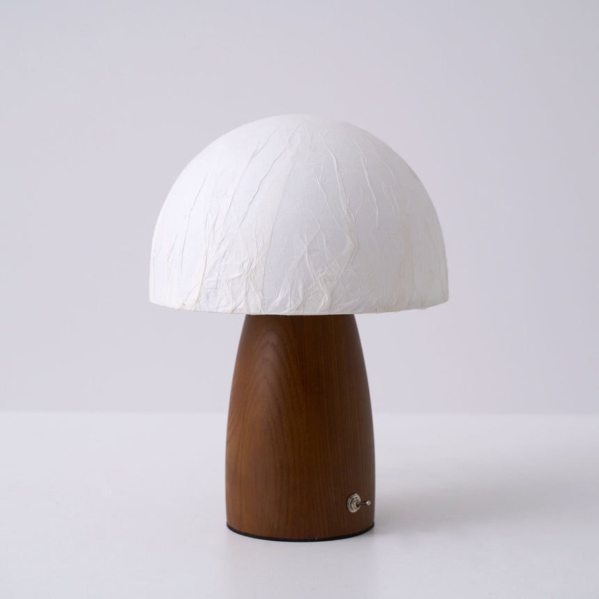 Mini table lamp seen straight on, paper dome above a walnut cone base