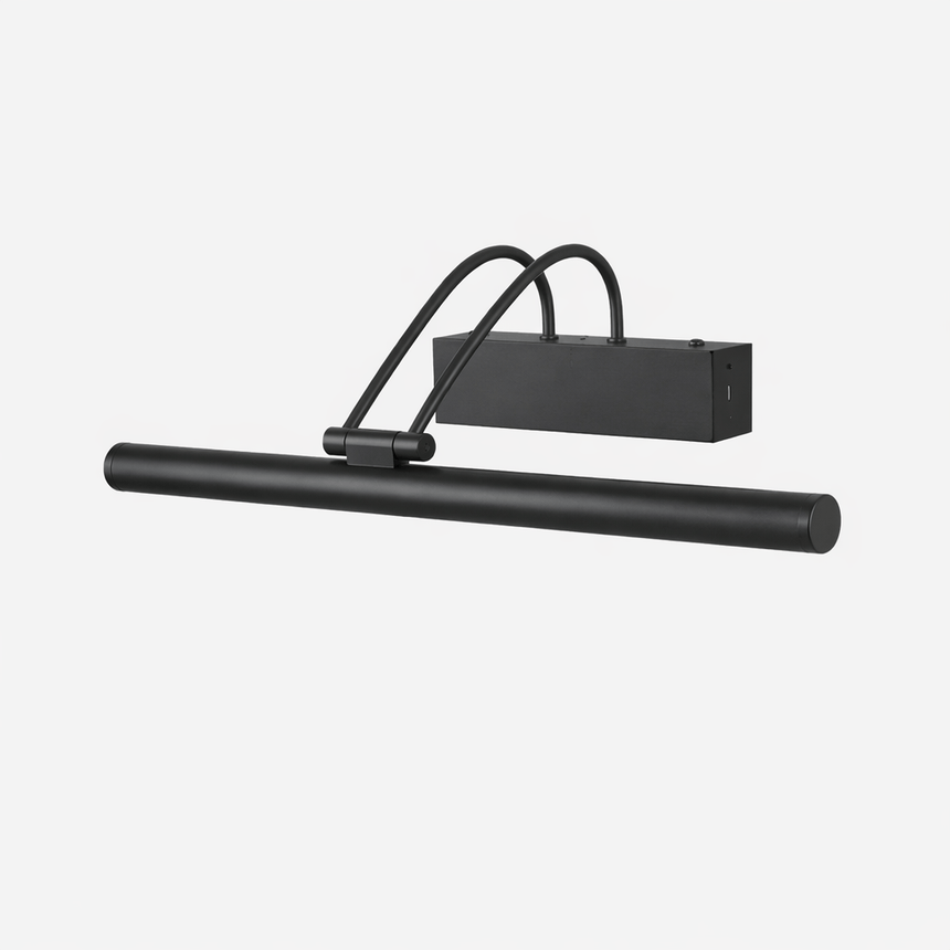 The black version seen at an angle, a dark tube under two curved arms