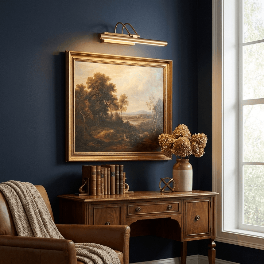 Gold bar lit above a framed landscape on a navy wall over a wood desk and chair