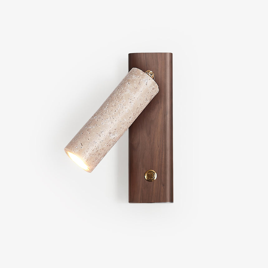 Mini wall sconce, a travertine tube tilted up on a small walnut plate