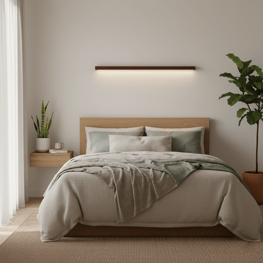 Walnut bar lit on the wall above a made bed, washing the wall