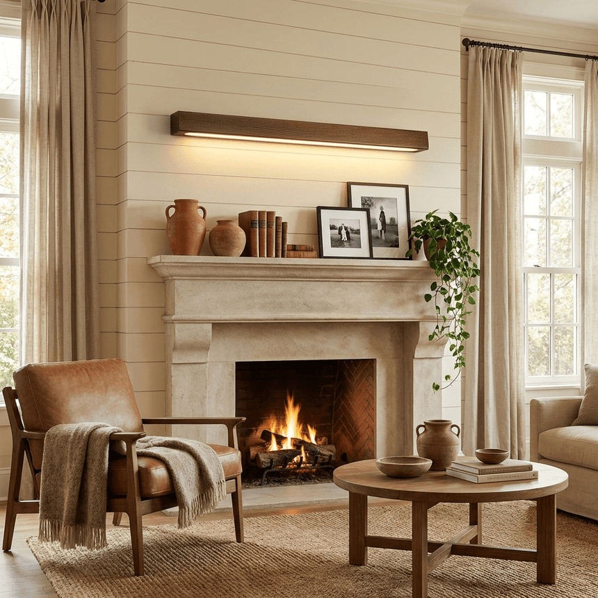 Walnut bar lit above a stone mantel with small framed pictures