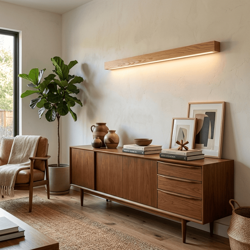 Walnut bar lit on the wall above a sideboard and framed artwork