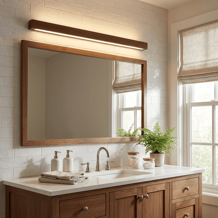 Walnut bar lit above a wide mirror in a plain tiled bathroom
