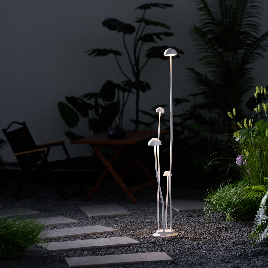 The cluster lit on paving with grasses and a timber chair behind