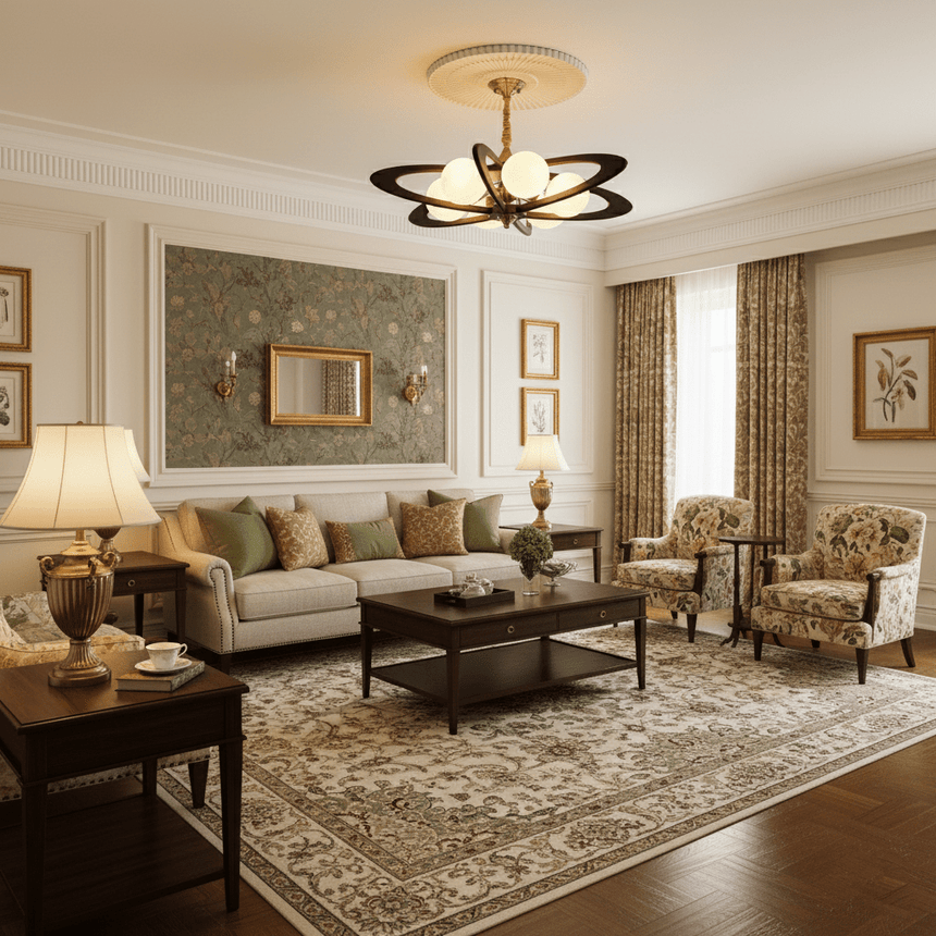 The fitting lit in a living room above a sofa and a patterned rug