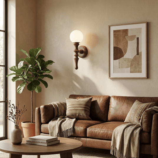 Sconce lit above a leather sofa with cushions beside a round table of books