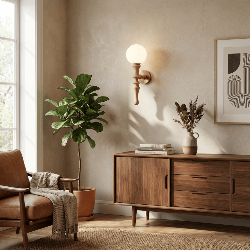 Sconce lit beside a plant above a sideboard with framed art and a window