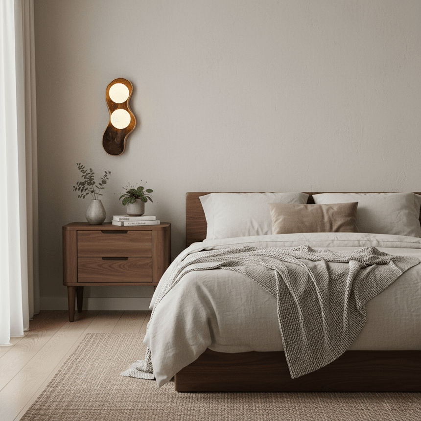 Sconce lit beside a bed above a wood nightstand with a folded throw