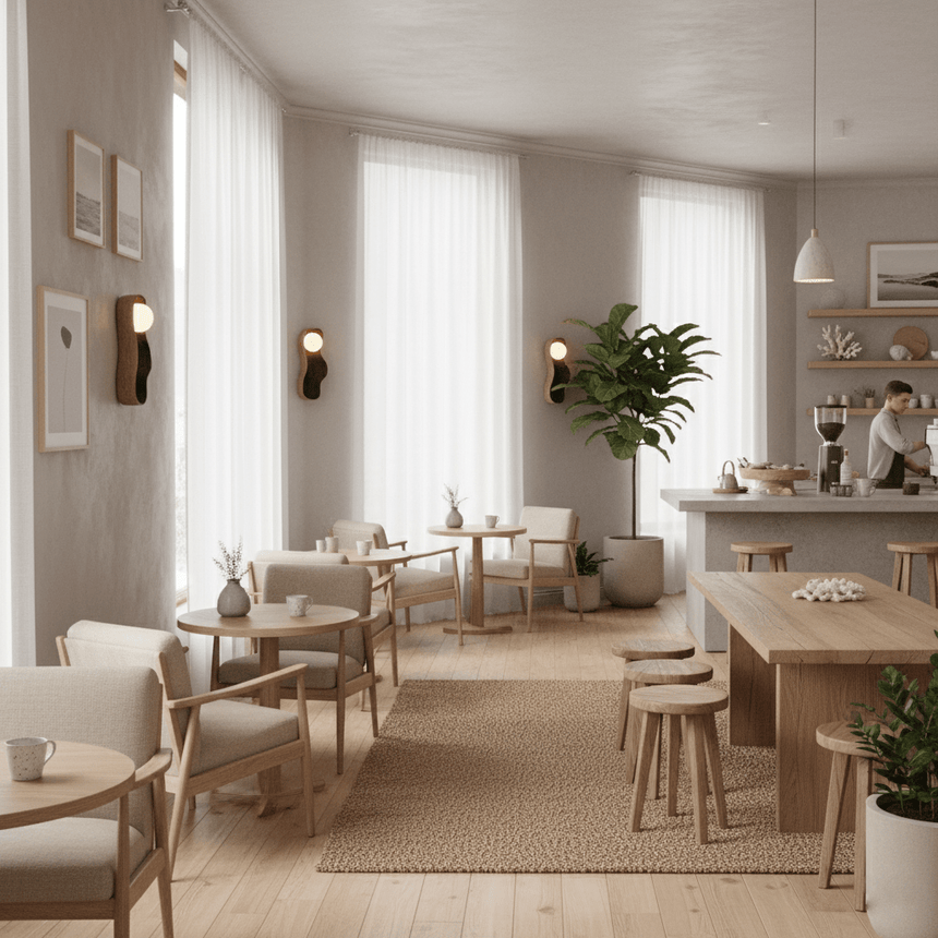 Two sconces lit on a dining room wall beside a table, chairs and a plant