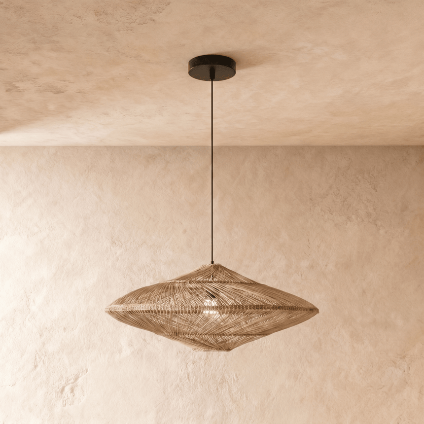 The same woven diamond profile in black rattan on a fine dark cord